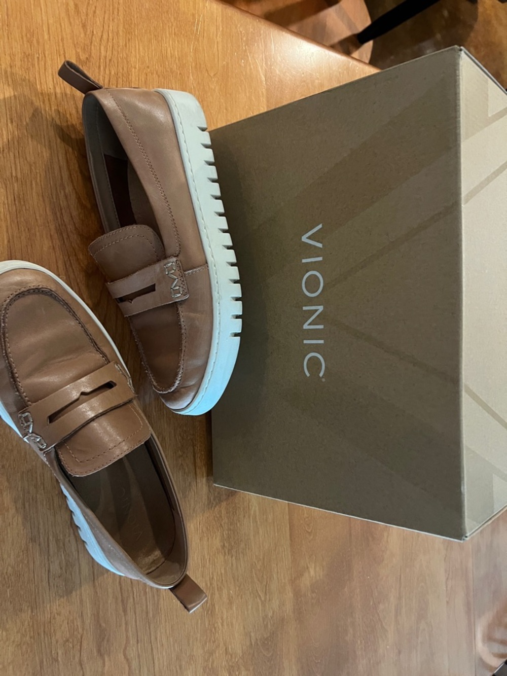Vionic Tan Leather Platform Penny Loafers